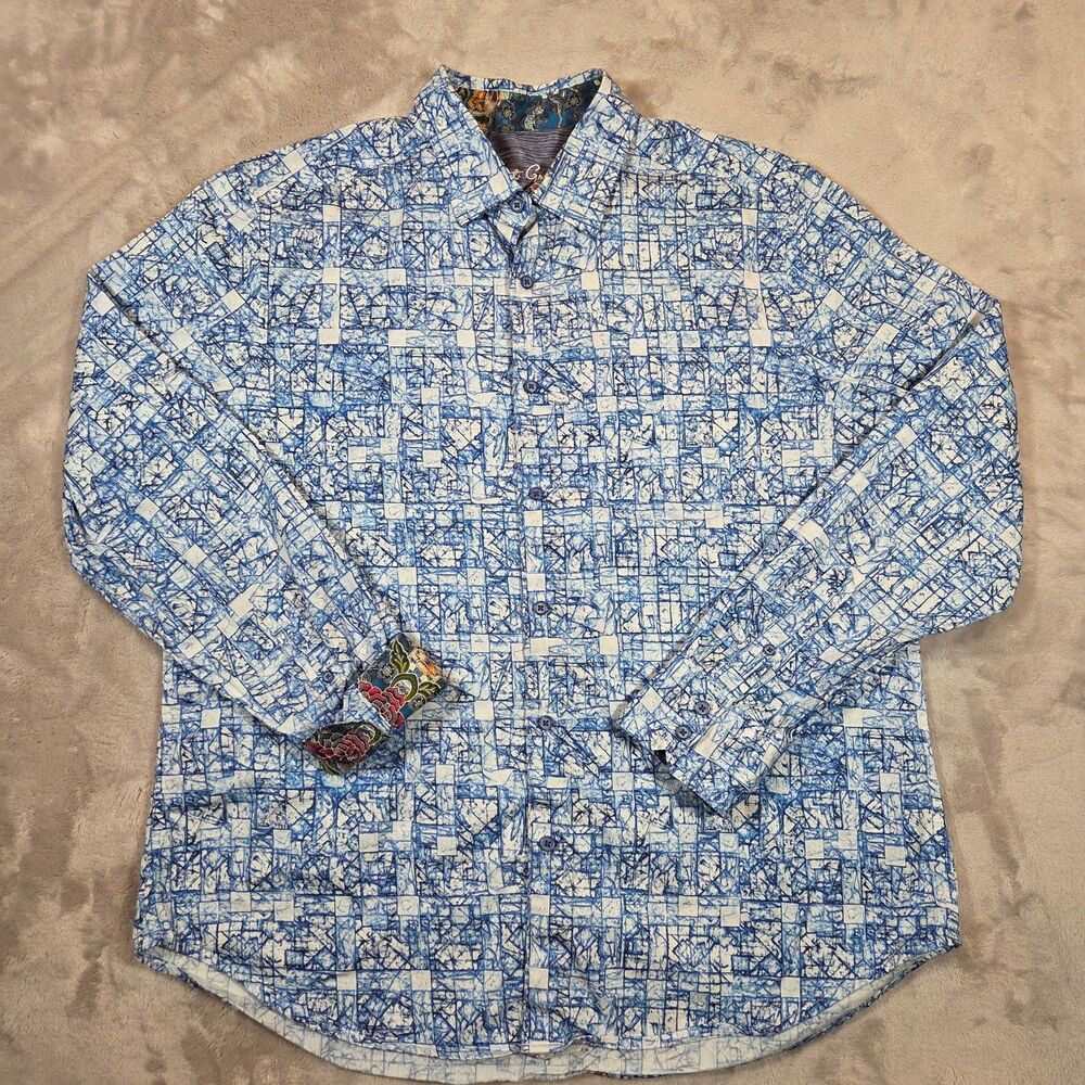 Robert Graham Shirt Men's XL Classic Fit Blue White Abstract Geometric Cotton